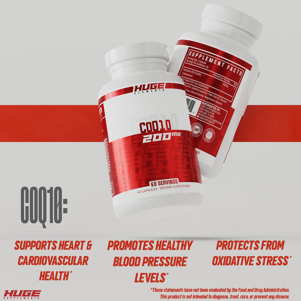 Huge Supplements CoQ10 packaging shows USA-made production and clear labeling
