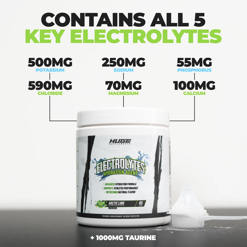Huge Supplements Electrolytes Powder Arctic Lime dissolves in water for quick hydration.