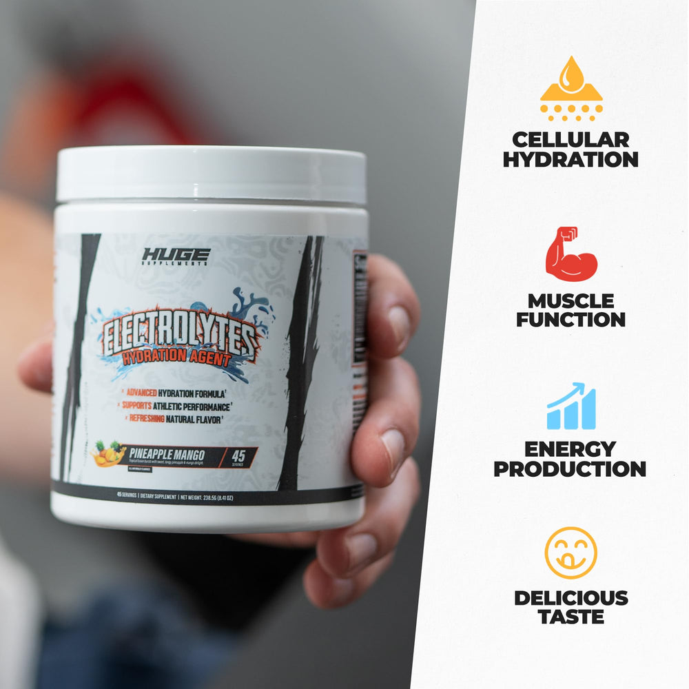 Huge Supplements Electrolytes Powder nutrition panel highlighting sodium, potassium, magnesium, calcium