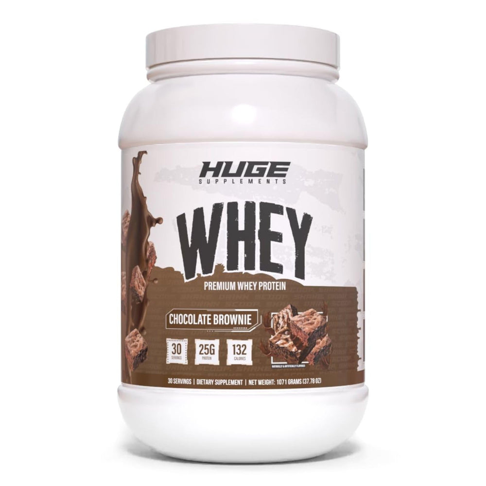 Huge Whey Chocolate Brownie tub showing high-protein formula for muscle support.