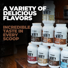 Huge Whey Chocolate Brownie flavor bottle; indulgent taste with performance benefits.