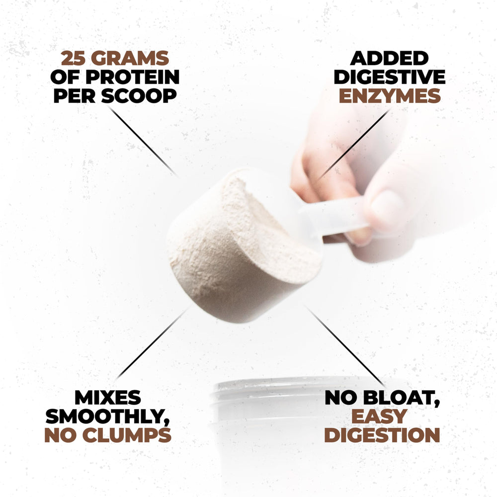 Huge Whey protein scoop ready to blend into a shake for quick fueling.