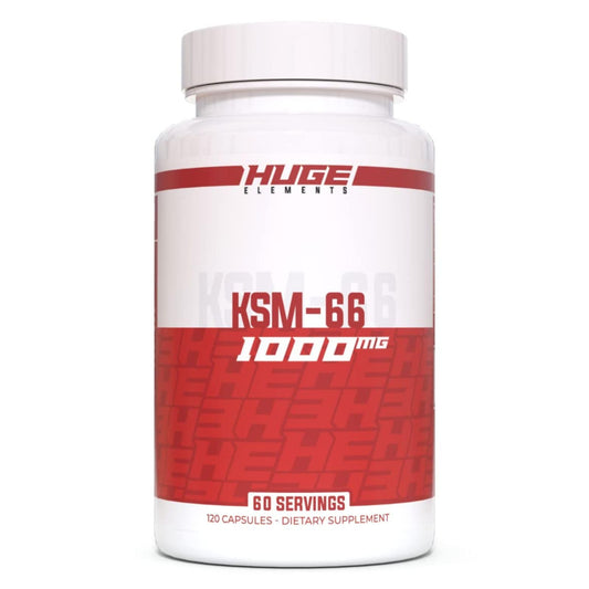 Huge Supplements KSM-66 Ashwagandha bottle front highlights high potency for daily adaptogenic support.