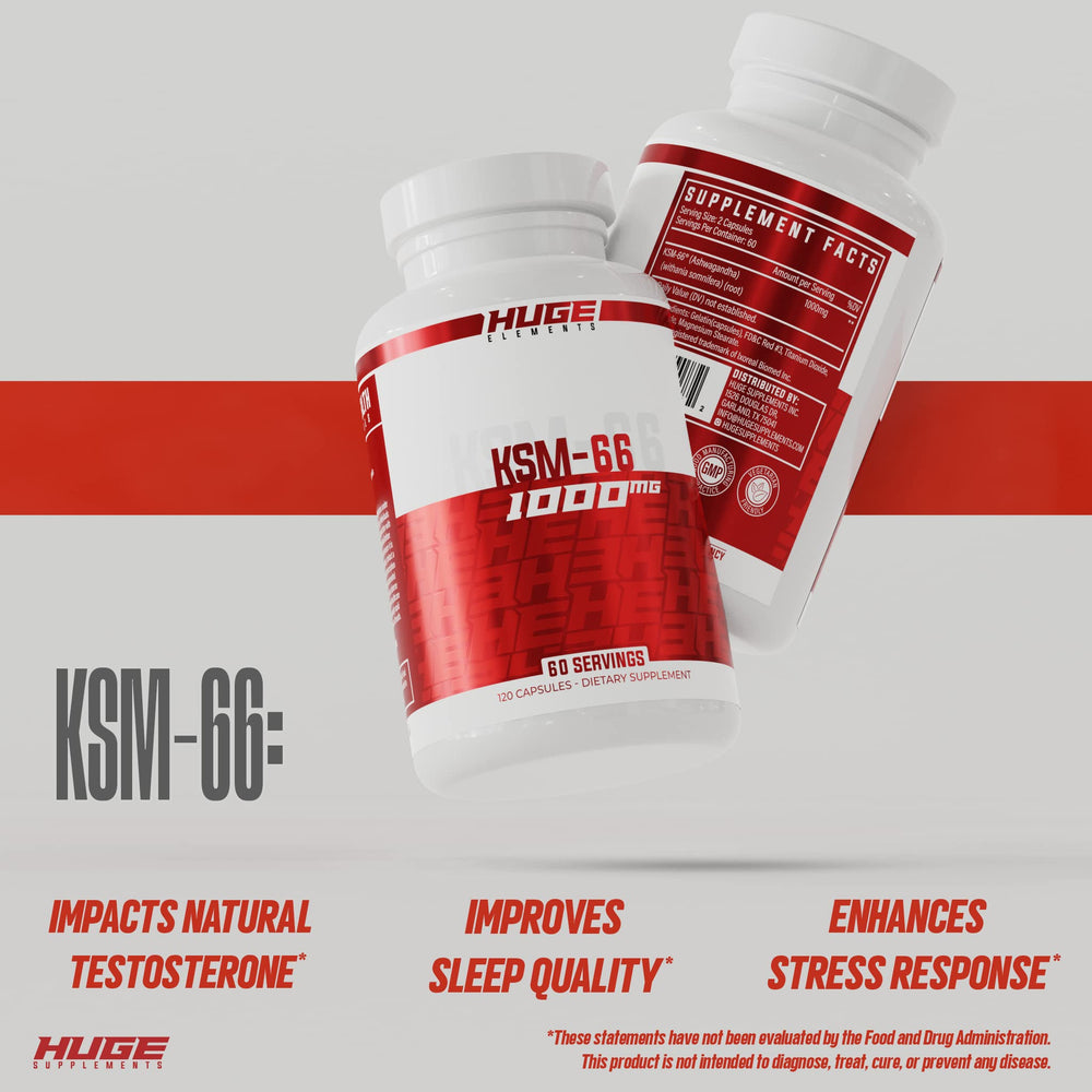 Huge Supplements KSM-66 ashwagandha roots emphasize root-based extraction and potency.