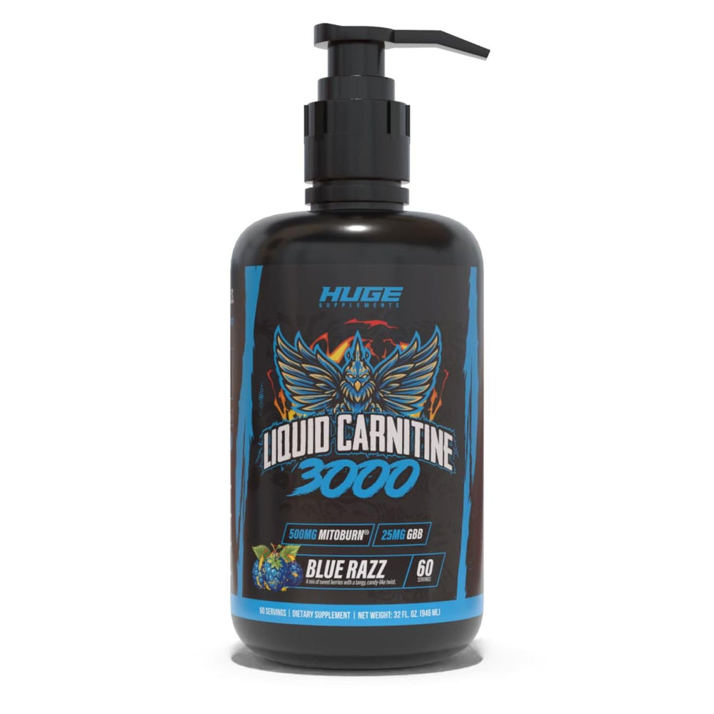 Huge Supplements Liquid L-Carnitine 3000 with pump-top enables precise, mess-free dosing during workouts.