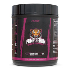 Huge Supplements Pump Serum bottle pour shows caffeine-free pumps and vascular focus.