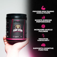 Closeup of Pump Serum label highlights a fully dosed stimulant-free pre-workout.