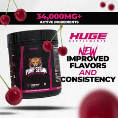 Graphic emphasizes muscular vascularity and pumps powered by Pump Serum.