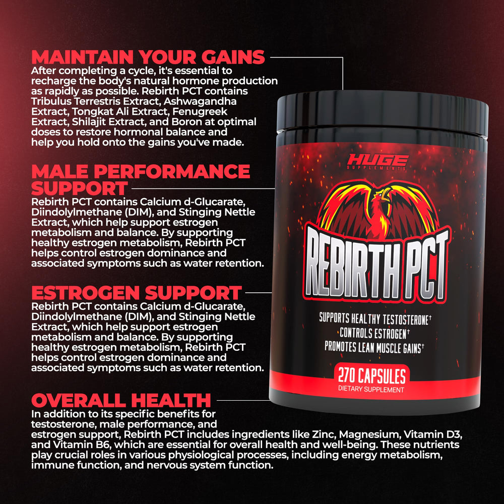 Huge Supplements Rebirth PCT estrogen-balance display featuring DIM-based formula.