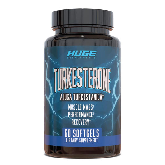 Huge Supplements Turkesterone softgel bottle highlights premium formulation for workouts
