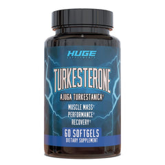 Huge Supplements Turkesterone softgel bottle highlights premium formulation for workouts