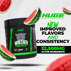 Huge Supplements Wrecked energy pump visuals suggest vascularity and intense training focus.