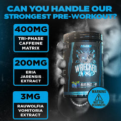Huge Supplements Wrecked Enraged label closeup communicates dosage and ingredient details.
