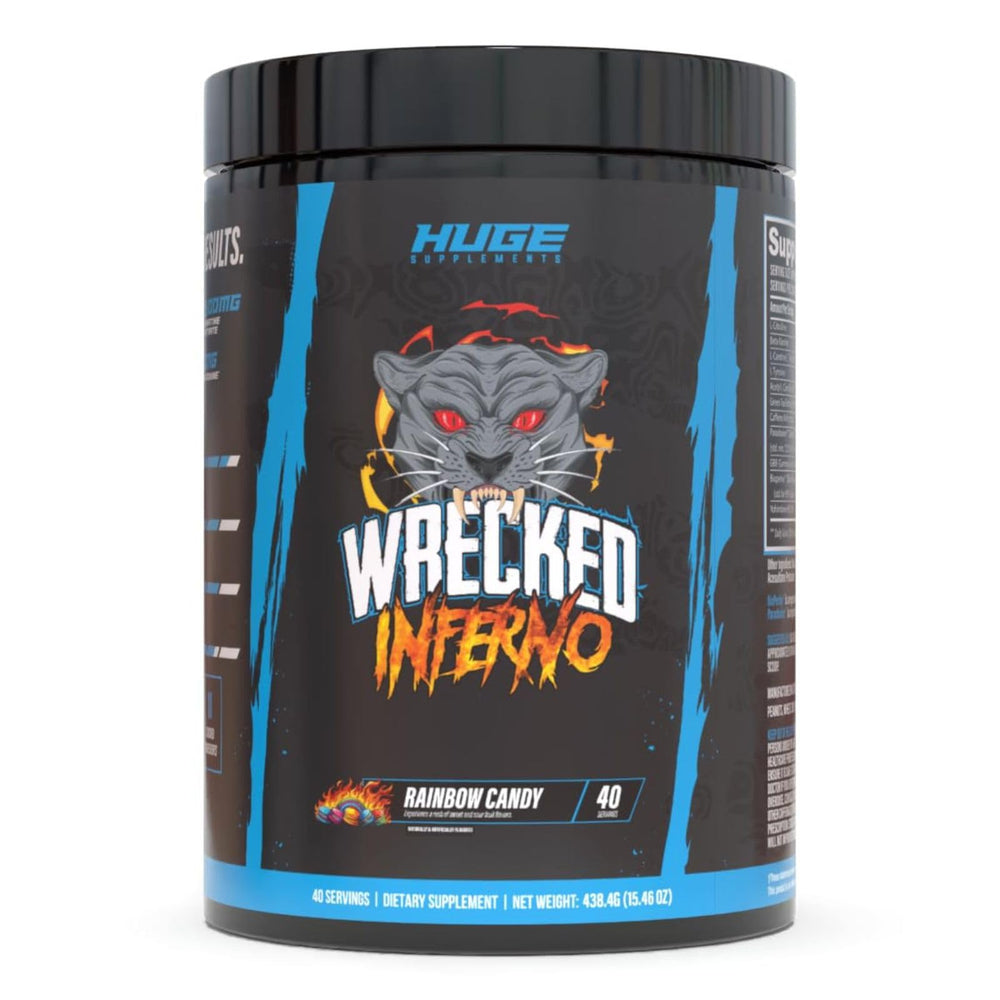 Huge Supplements Wrecked Inferno bottle signals a bold pre-workout energy boost.