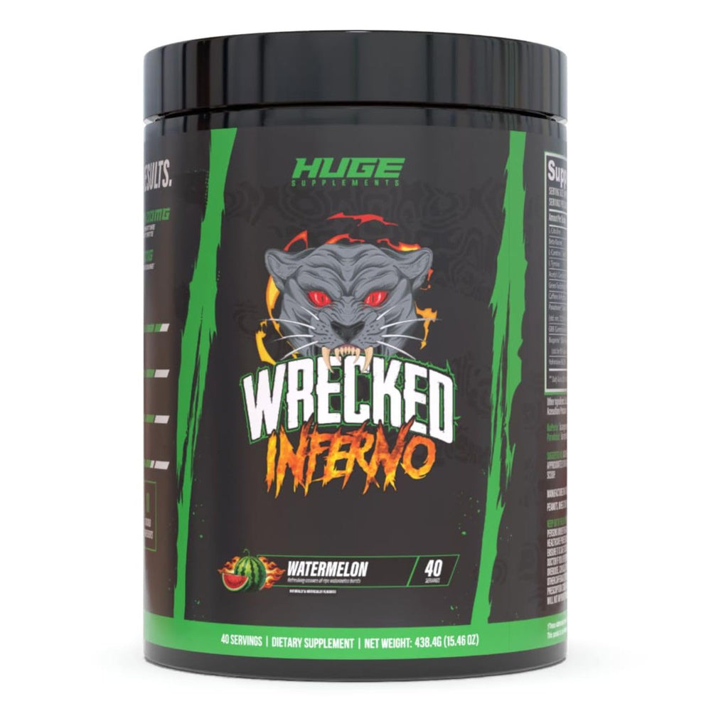 Huge Supplements Wrecked Inferno bottle front view, a potent pre-workout for energized training.