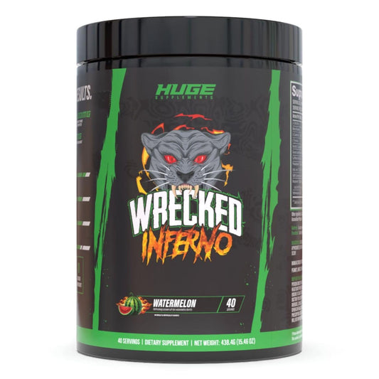 Huge Supplements Wrecked Inferno bottle front view, a potent pre-workout for energized training.