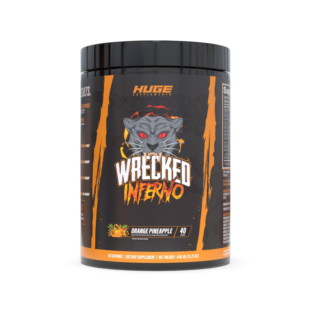 Huge Supplements Wrecked Inferno tub label shows full ingredient transparency for informed training.