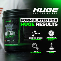 Huge Supplements Wrecked mixing in glass shows fast-acting caffeine and hydration preview.