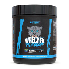 Huge Supplements Wrecked pre-workout bottle front showing energy-boosting formula for intense sessions