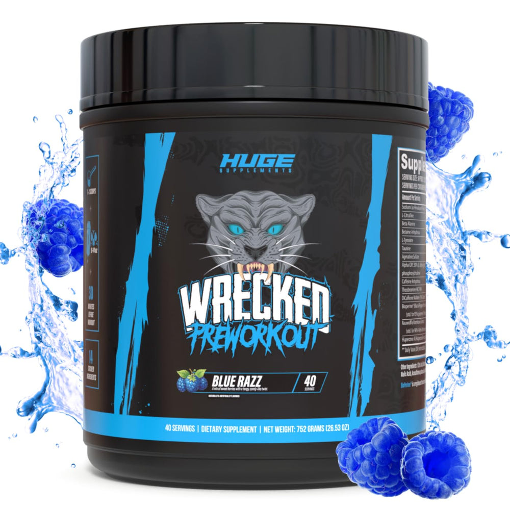 Huge Supplements Wrecked pre-workout flavor packaging emphasizes refreshing taste and texture