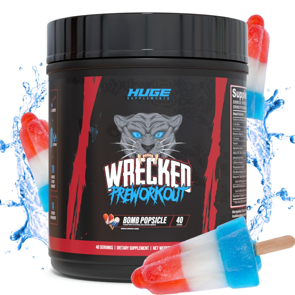 Huge Supplements Wrecked pre-workout pouring into shaker for quick serving