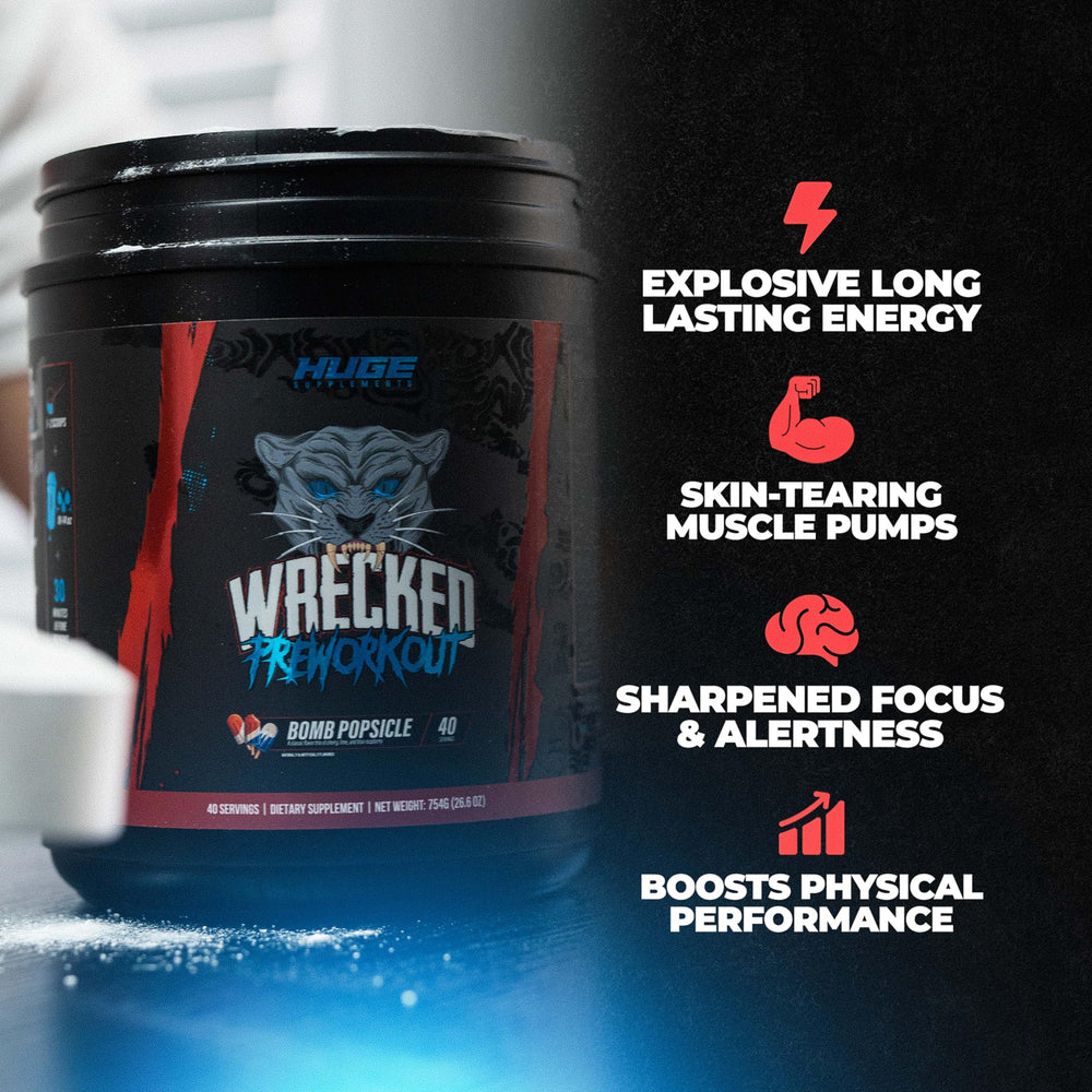 Huge Supplements Wrecked powder in glass ready to mix quickly