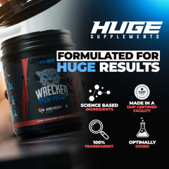 Huge Supplements Wrecked serving in hand for focused pre-workout session