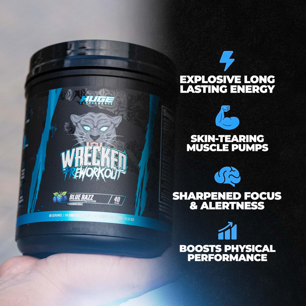 Huge Supplements Wrecked pre-workout tub closeup on label reveals 14 active ingredients for performance
