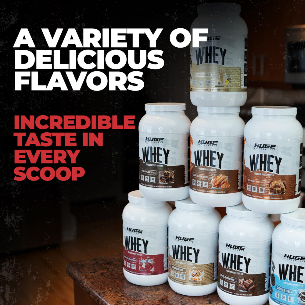 Huge Whey flavors variety provides tasty post-workout options.