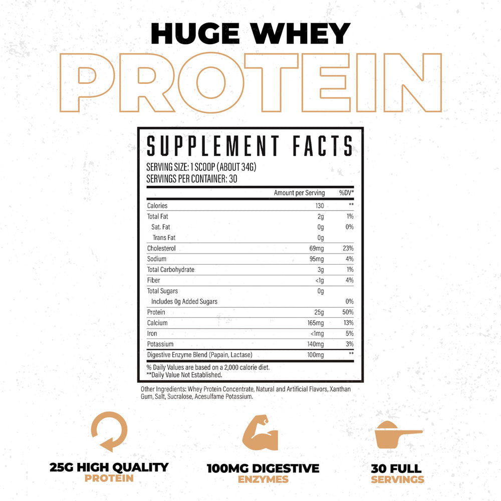 Huge Whey ingredient display emphasizing essential amino acids content