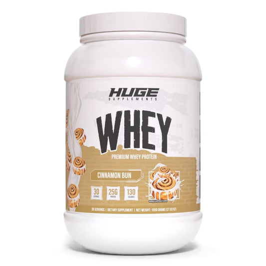 Huge Whey Cinnamon Bun jar highlights rich flavor for post-workout fueling.