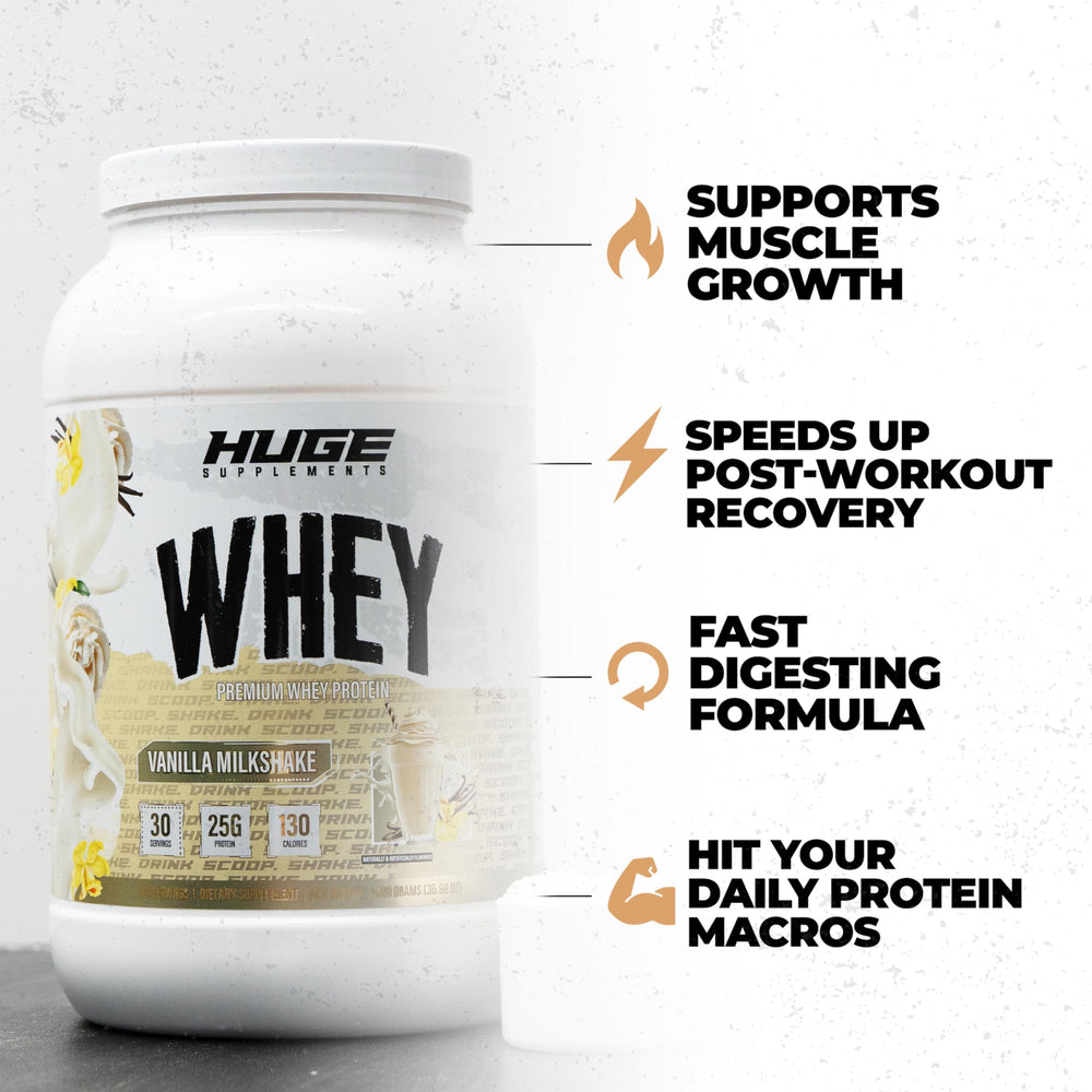 Huge Whey protein scoop highlights premium whey blend for post-workout recovery