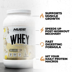 Huge Whey protein scoop highlights premium whey blend for post-workout recovery