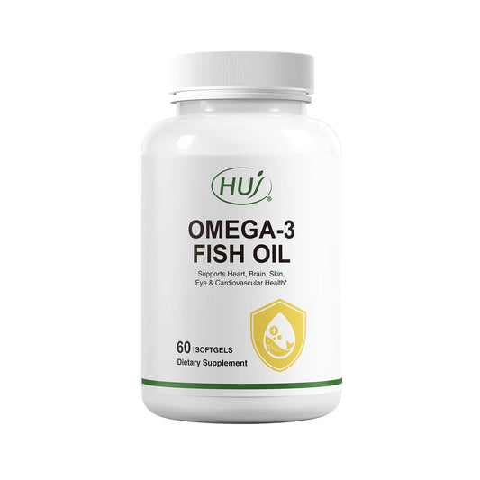 HUJ Omega-3 fish oil 1000mg softgels bottle may support heart and brain wellness.
