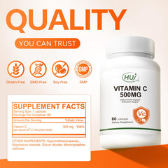 HUJ Vitamin C 500mg bottle pour showing on-the-go capsule portability.