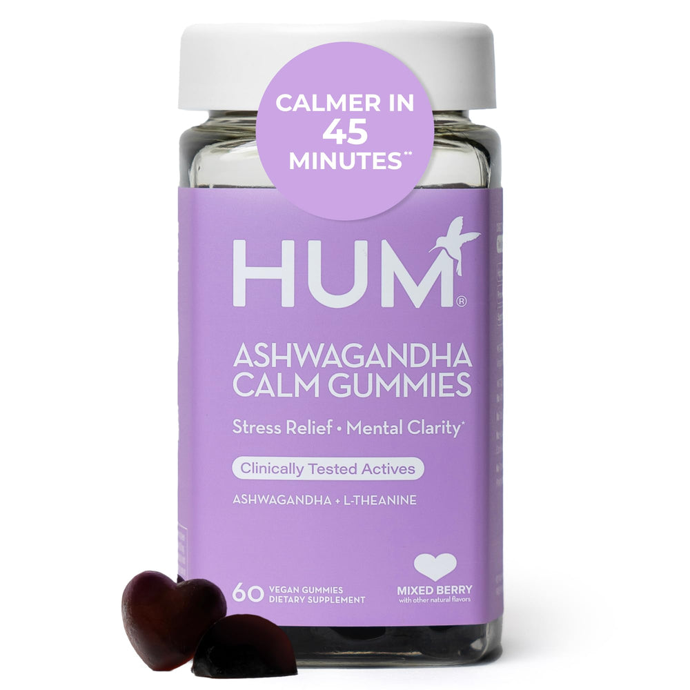 HUM Calm Ashwagandha Gummies bottle with mixed berry flavor for daily relaxation.