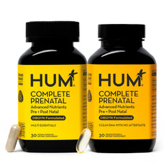 HUM Complete Prenatal bottle closeup for simple daily prenatal support.
