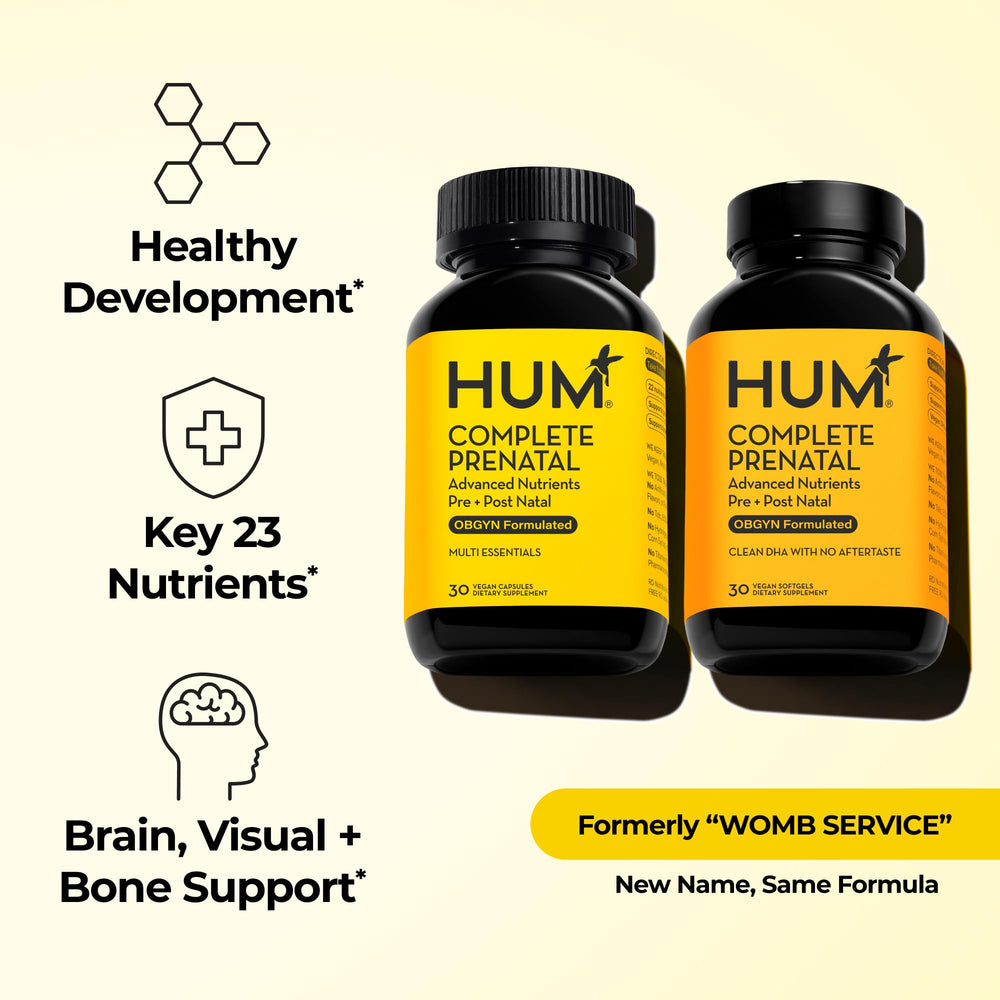 HUM Complete Prenatal capsules neatly organized for balanced nutrient intake.