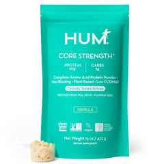 Hum Core Strength vanilla bottle showing plant-based protein for an active, gut-friendly routine.