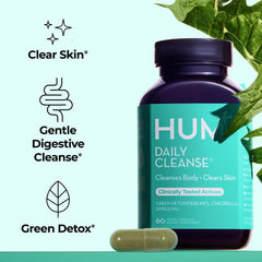 HUM Daily Cleanse bottle back label details organic ingredients and benefits.