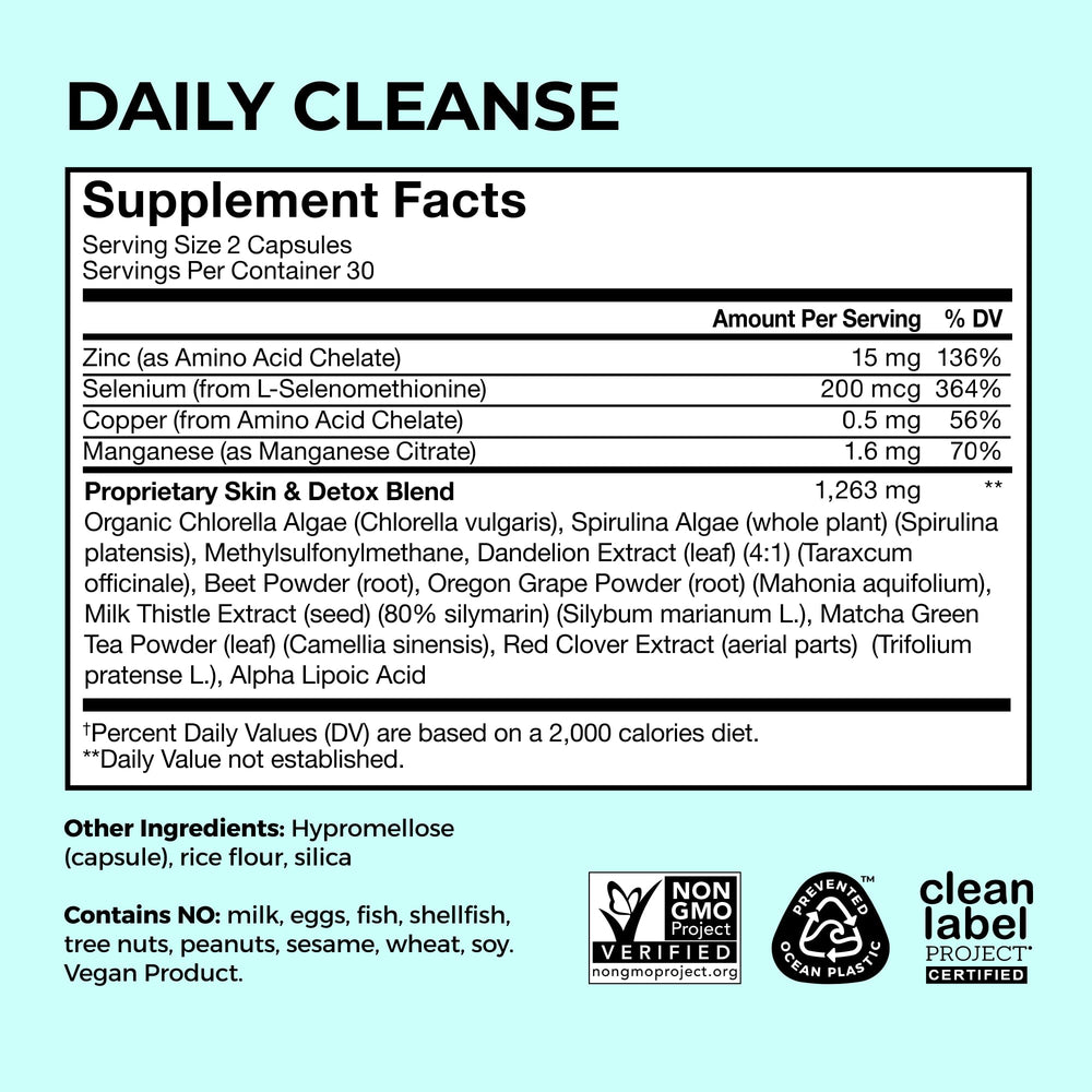 HUM Daily Cleanse spirulina chlorella graphic highlights plant-based nutrients.