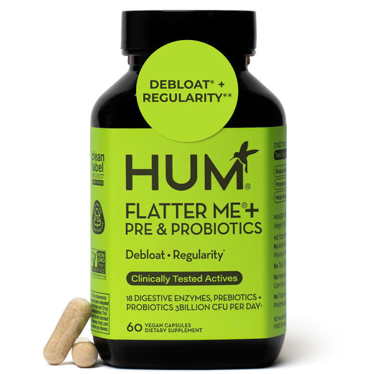 HUM Flatter Me bottle front view highlighting fast-acting bloating support.