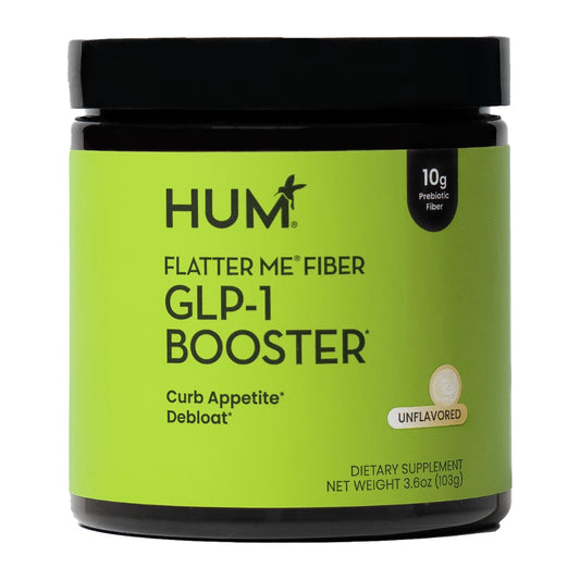 HUM Flatter Me bottle label highlights digestive health and satiety benefits.