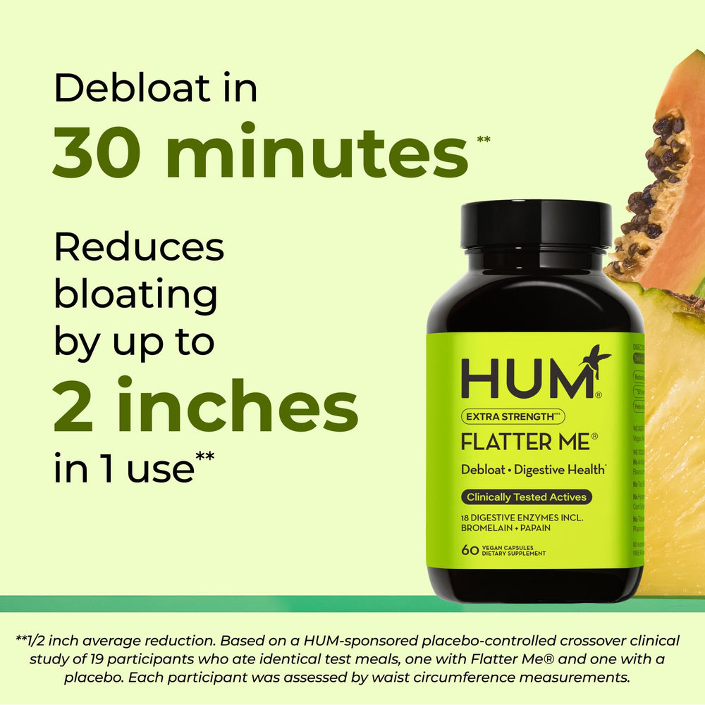 HUM Flatter Me capsules with water illustrating easy, fast-acting bloating relief.