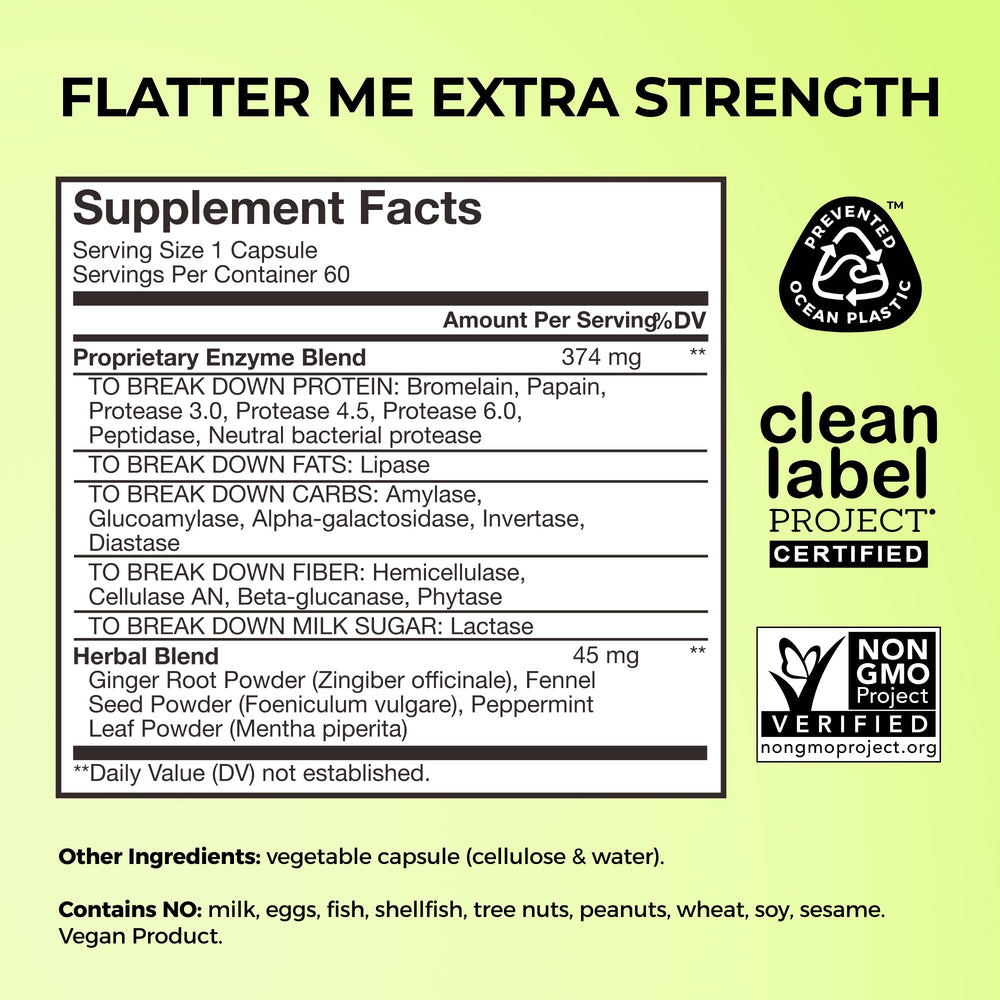 HUM Flatter Me capsules closeup highlighting full-spectrum enzymes for digestion.