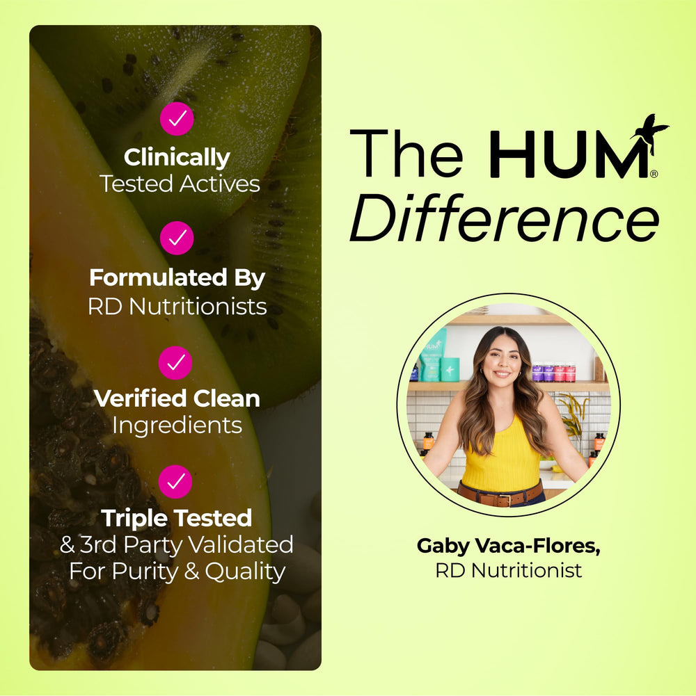 HUM Flatter Me user using routine for bloating relief.