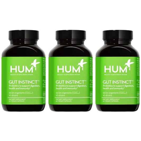 HUM Gut Instinct bottle front highlighting 25B CFU probiotic blend for daily gut health.