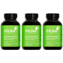 HUM Gut Instinct bottle front highlighting 25B CFU probiotic blend for daily gut health.