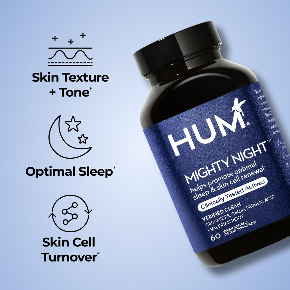 HUM Mighty Night valerian root capsules visible for calming night use.