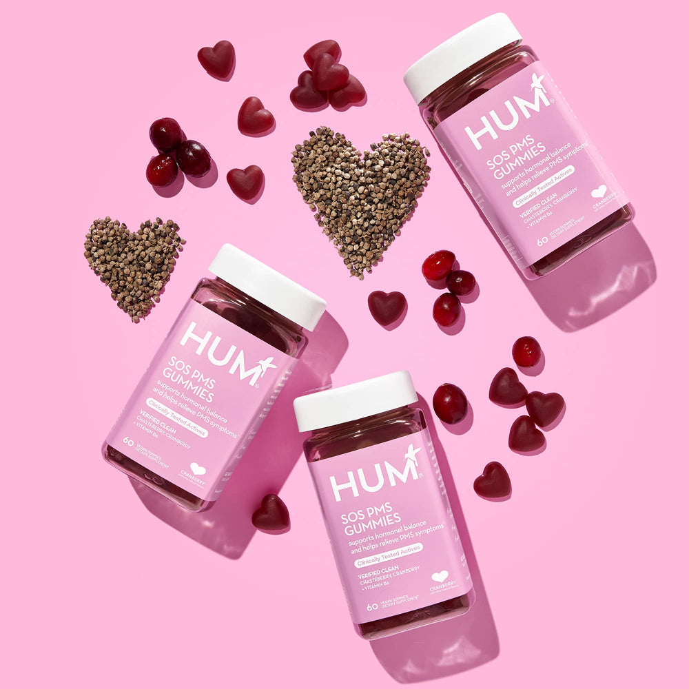 HUM SOS PMS Gummies 30-day pack emphasizes consistent cycle support.